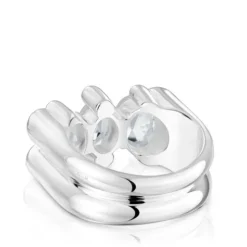 Medium silver and rock crystal quartz bear motif Ring Color Bear