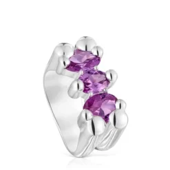 Medium silver bear motif Ring with laboratory-grown lilac sapphire Color Bear LGG