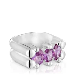 Medium silver bear motif Ring with laboratory-grown lilac sapphire Color Bear LGG