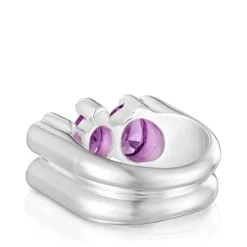 Medium silver bear motif Ring with laboratory-grown lilac sapphire Color Bear LGG
