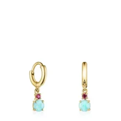 Mini Ivette short Earrings in Gold with Amazonite and Ruby