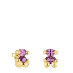 13 mm 18kt gold plating over silver bear motif Earrings with laboratory-grown lilac-colored sapphire Color Bear LGG