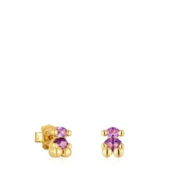 8 mm 18kt gold plating over silver bear motif Earrings with laboratory-grown lilac-colored sapphire Color Bear LGG