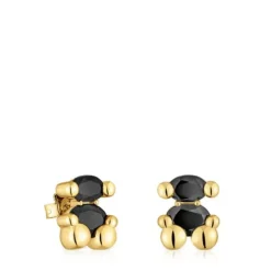 14 mm 18kt gold plating over silver with onyx bear motif Earrings Color Bear