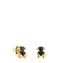 8 mm 18kt gold plating over silver and onyx bear motif Earrings Color Bear