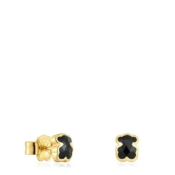 6 mm 18kt gold plating over silver bear Earrings with onyx TOUS Icon Color