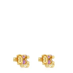 8 mm 18kt gold plating over silver bear motif Earrings with laboratory-grown lilac-colored sapphire Color Bear LGG