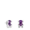 13 mm silver bear motif Earrings with laboratory-grown lilac sapphire Color Bear LGG
