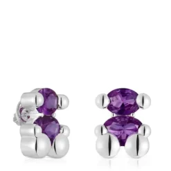 23 mm silver bear motif Earrings with laboratory-grown lilac sapphire Color Bear LGG