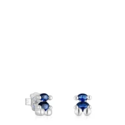 8 mm silver bear motif Earrings with laboratory-grown lilac-colored sapphire Color Bear LGG