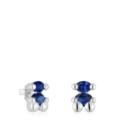 13 mm silver bear motif Earrings with laboratory-grown blue sapphire Color Bear LGG