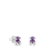 8 mm silver bear motif Earrings with laboratory-grown lilac sapphire Color Bear LGG