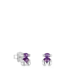 8 mm silver bear motif Earrings with laboratory-grown lilac sapphire Color Bear LGG