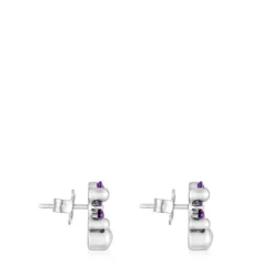 13 mm silver bear motif Earrings with laboratory-grown lilac sapphire Color Bear LGG