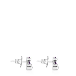 8 mm silver bear motif Earrings with laboratory-grown lilac sapphire Color Bear LGG