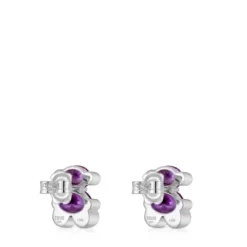 13 mm silver bear motif Earrings with laboratory-grown lilac sapphire Color Bear LGG