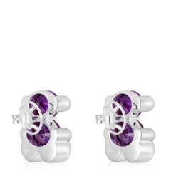23 mm silver bear motif Earrings with laboratory-grown lilac sapphire Color Bear LGG