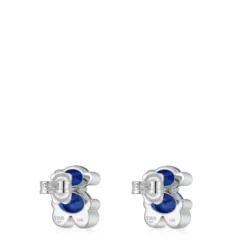 13 mm silver bear motif Earrings with laboratory-grown blue sapphire Color Bear LGG