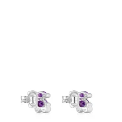 8 mm silver bear motif Earrings with laboratory-grown lilac sapphire Color Bear LGG