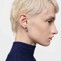 13 mm silver bear motif Earrings with laboratory-grown lilac sapphire Color Bear LGG