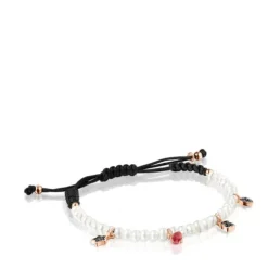 Motif Bracelet with Pearls and black Cord in Rose Silver Vermeil and Gemstones