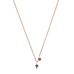 Motif cross Necklace in Rose Silver Vermeil with Spinels and Ruby