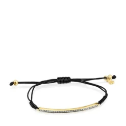 Nocturne bar Bracelet in Silver Vermeil with Diamonds and black Cord