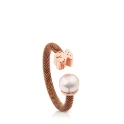 Rose IP Steel and Rose Vermeil Silver TOUS Icon Mesh Ring with 0,65cm Pearl