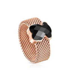 Rose IP Steel TOUS Mesh Color Ring with faceted Onyx Bear motif