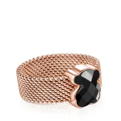 Rose IP Steel TOUS Mesh Color Ring with faceted Onyx Bear motif