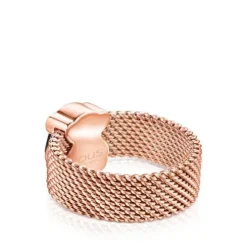 Rose IP Steel TOUS Mesh Color Ring with faceted Onyx Bear motif
