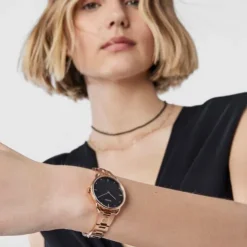 Rose-colored IP steel Let Bracelet Watch with black dial