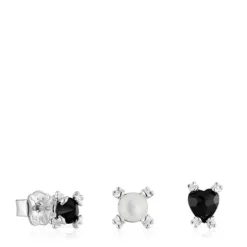 Set of three silver Color Pills Earrings with onyx and mother-of-pearl