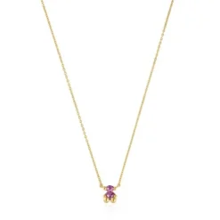Short 18kt gold plating over silver bear motif Necklace with laboratory-grown lilac-colored sapphire Color Bear LGG