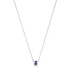 Short silver bear motif chain Necklace with lilac lab-grown sapphires Color Bear LGG