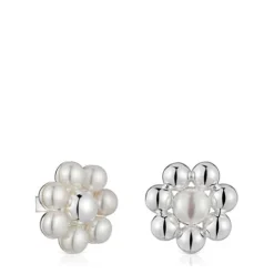 Short silver flower and cultured pearls Earrings Sugar Party