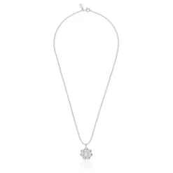 Short silver flower and cultured pearl Necklace Sugar Party