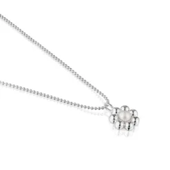 Short silver flower and cultured pearl Necklace Sugar Party