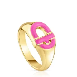 Signet ring with 18kt gold plating over silver and fuchsia-colored enamel TOUS MANIFESTO