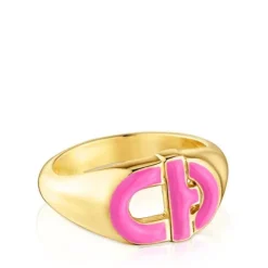 Signet ring with 18kt gold plating over silver and fuchsia-colored enamel TOUS MANIFESTO