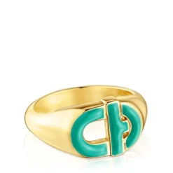 Signet ring with 18kt gold plating over silver and green enamel TOUS MANIFESTO