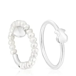 Silver and cultured pearls Mini Icons heart and bear Ring set