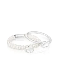 Silver and cultured pearls Mini Icons heart and bear Ring set