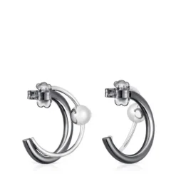 Silver and dark silver Plump Double hoop earrings