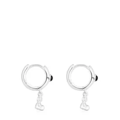 Silver Bold Bear Hoop earrings with onyx and bear charm