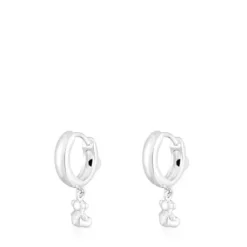Silver Bold Bear Hoop earrings with onyx and bear charm
