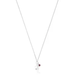 Silver Bold Motif Necklace with a rhodolite flower
