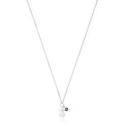 Silver Bold Motif Necklace with an amethyst bear
