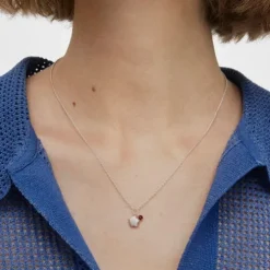 Silver Bold Motif Necklace with a rhodolite flower