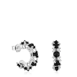 Silver Color Pills Hoop earrings with onyx